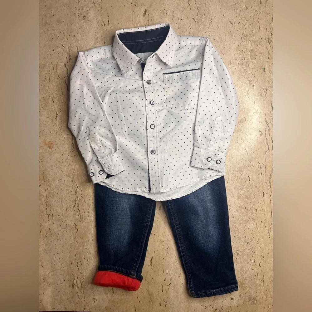 Boy’s Size 2 Puffer Vest, Hoodie Shirt and Lined Jeans Bundle Old Navy